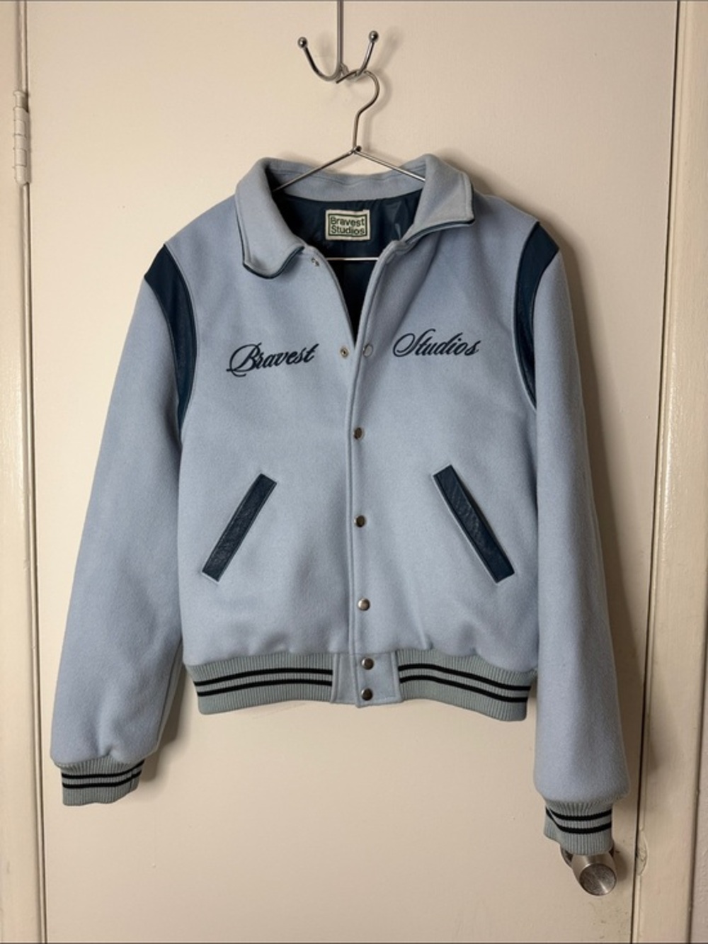 Bravest studios light blue wool blend and leather, varsity bomber jacket S